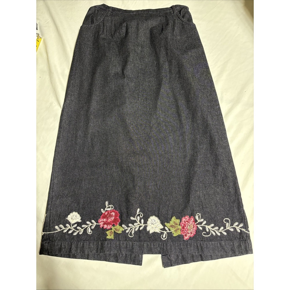 Denim‎ & Co. Black Denim Skirt Embroidered Floral Detail Black Sz Large Boho 90s